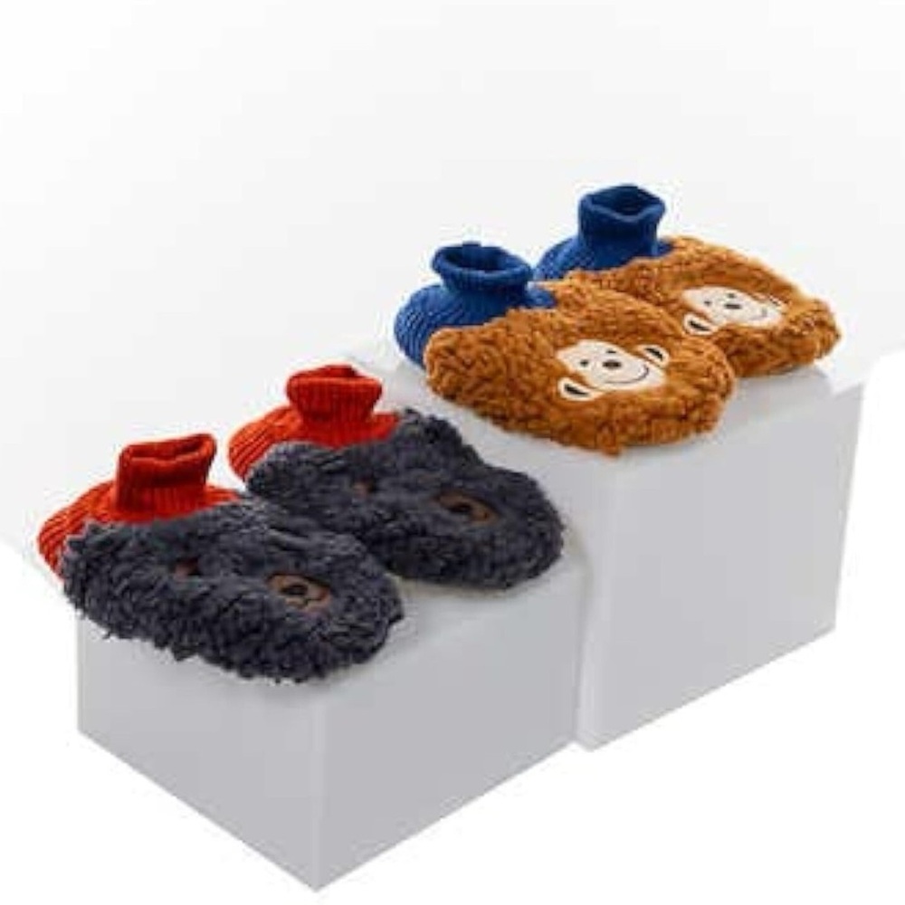 K. Bell Kids Sherpa Slippers 2-Pack Monkey Bear Medium Sizes 10-13